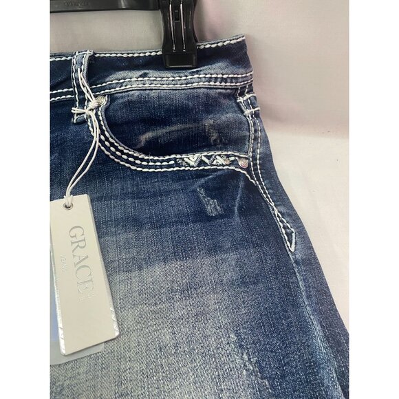 Nwt Grace in LA Women's Embellished Pocket Denim SZ 32 Easy Fit Distressed Short - Picture 6 of 15